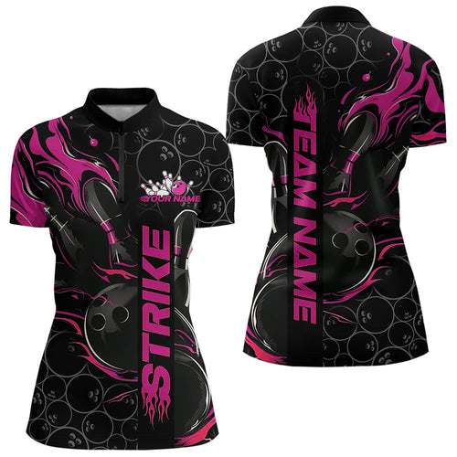 Custom Black And Pink Flame Strike Bowling Team Womens Quarter-Zip Shirt, Bowling Jerseys IPHW8613