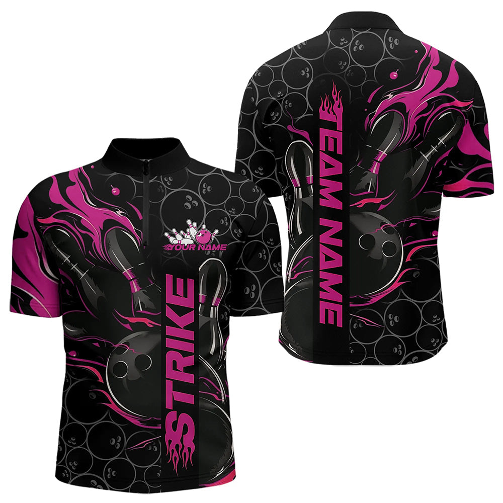 Custom Black And Pink Flame Strike Bowling Team Quarter-Zip Shirts For Men, Strike Bowling Jerseys IPHW8613