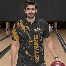 Load image into Gallery viewer, Custom Black And Gold Flame Strike Bowling Team Polo Shirts For Men, Strike Bowling Jerseys IPHW8614