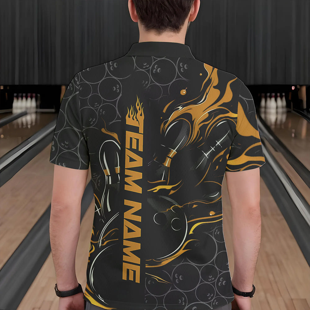Custom Black And Gold Flame Strike Bowling Team Polo Shirts For Men, Strike Bowling Jerseys IPHW8614