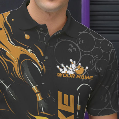Custom Black And Gold Flame Strike Bowling Team Polo Shirts For Men, Strike Bowling Jerseys IPHW8614