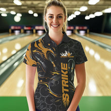 Load image into Gallery viewer, Custom Black And Gold Flame Strike Bowling Team Womens Polo Shirt, Strike Bowling Jerseys IPHW8614