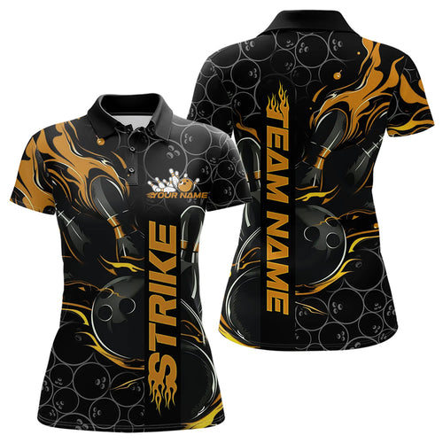 Custom Black And Gold Flame Strike Bowling Team Womens Polo Shirt, Strike Bowling Jerseys IPHW8614