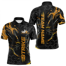 Load image into Gallery viewer, Custom Black And Gold Flame Strike Bowling Team Polo Shirts For Men, Strike Bowling Jerseys IPHW8614
