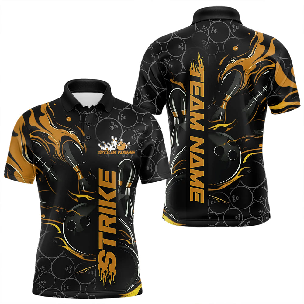 Custom Black And Gold Flame Strike Bowling Team Polo Shirts For Men, Strike Bowling Jerseys IPHW8614