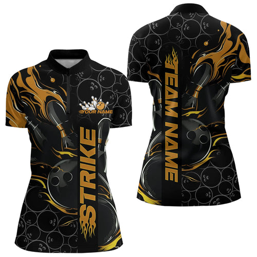 Custom Black And Gold Flame Strike Bowling Team Womens Quarter-Zip Shirt, Bowling Jerseys IPHW8614