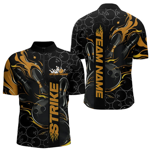 Custom Black And Gold Flame Strike Bowling Team Quarter-Zip Shirts For Men, Strike Bowling Jerseys IPHW8614