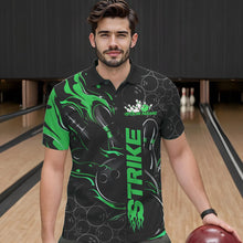Load image into Gallery viewer, Custom Black And Green Flame Strike Bowling Team Polo Shirts For Men, Strike Bowling Jerseys IPHW8615