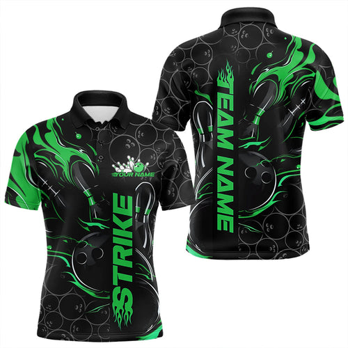 Custom Black And Green Flame Strike Bowling Team Polo Shirts For Men, Strike Bowling Jerseys IPHW8615