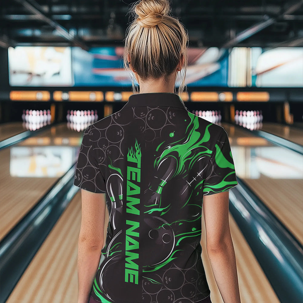 Custom Black And Green Flame Strike Bowling Team Womens Quarter-Zip Shirt, Bowling Jerseys IPHW8615