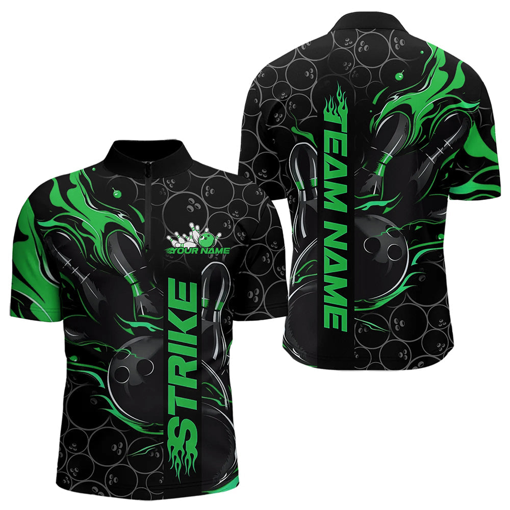 Custom Black And Green Flame Strike Bowling Team Quarter-Zip Shirts For Men, Strike Bowling Jerseys IPHW8615