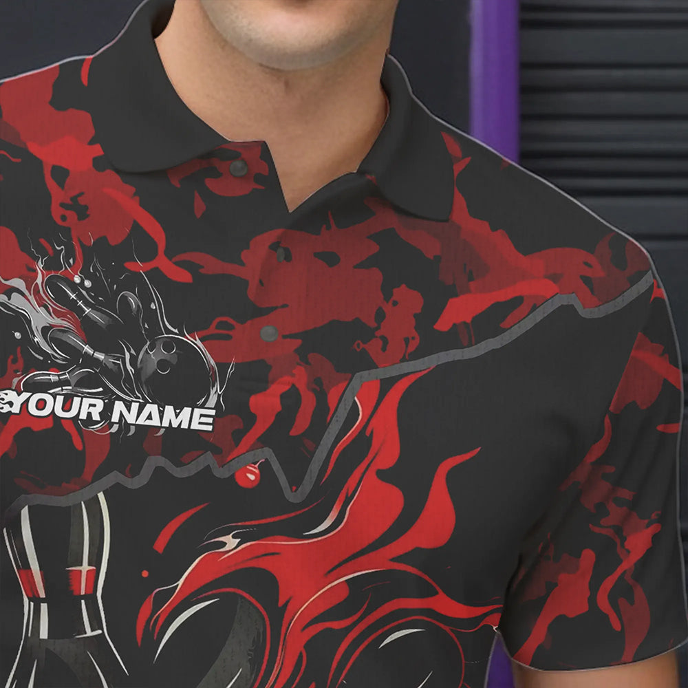 Custom Black And Red Camo Flame Bowling Team Polo Shirts For Men, Bowling Tournament Shirt IPHW8622