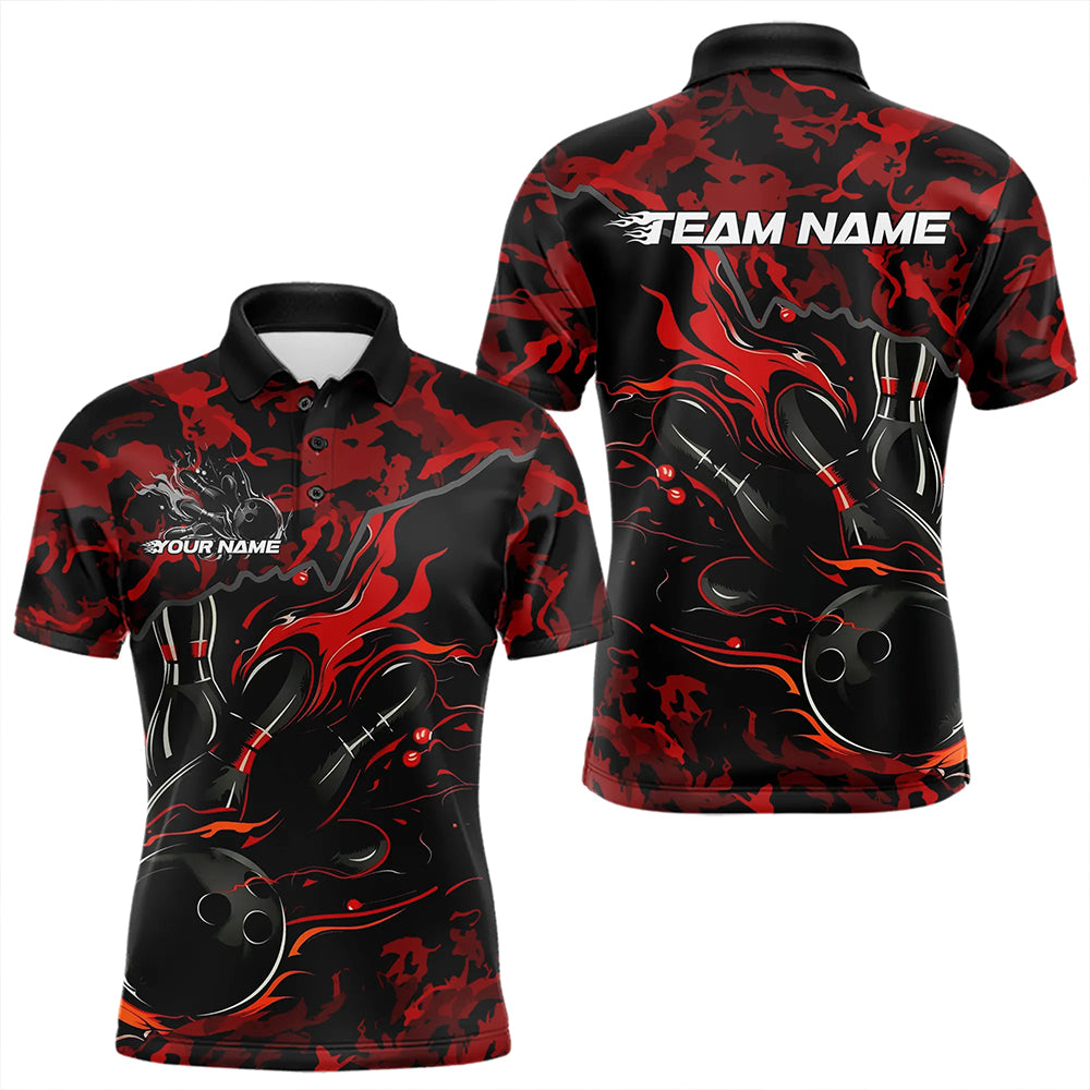 Custom Black And Red Camo Flame Bowling Team Polo Shirts For Men, Bowling Tournament Shirt IPHW8622