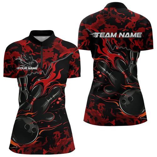 Custom Black And Red Camo Flame Bowling Womens Quarter-Zip Shirt, Bowling Tournament Shirt IPHW8622