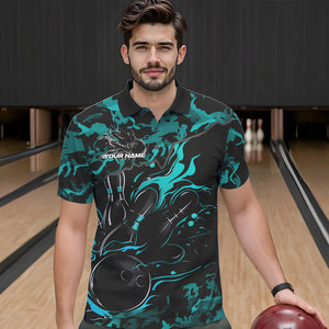 Custom Black And Blue Camo Flame Bowling Team Polo Shirts For Men, Bowling Tournament Shirt IPHW8623