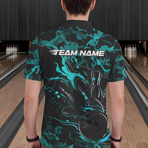 Custom Black And Blue Camo Flame Bowling Team Polo Shirts For Men, Bowling Tournament Shirt IPHW8623