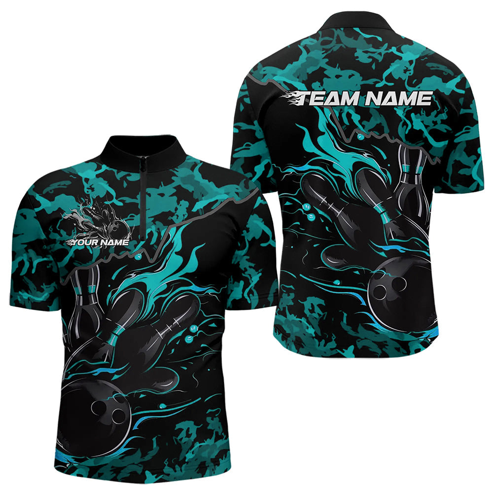 Custom Black And Blue Camo Flame Bowling Team Quarter-Zip Shirts For Men, Bowling Tournament Shirt IPHW8623