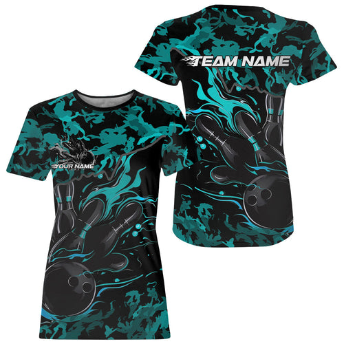 Custom Black And Blue Camo Flame Bowling Team T-Shirts For Women, Bowling Tournament IPHW8623