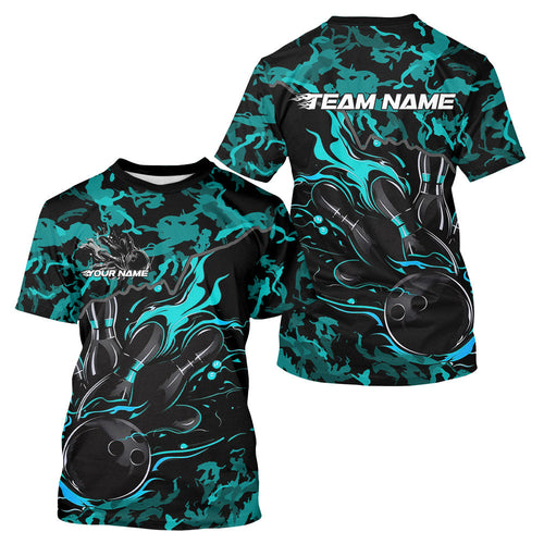 Custom Black And Blue Camo Flame Bowling Team T-Shirts For Men, Bowling Tournament IPHW8623