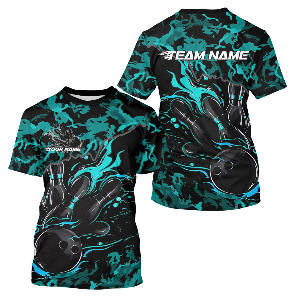 Custom Black And Blue Camo Flame Bowling Team T-Shirts For Men, Bowling Tournament IPHW8623