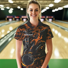 Load image into Gallery viewer, Custom Black And Orange Camo Flame Bowling Womens Polo Shirts, Bowling Tournament Shirt IPHW8624