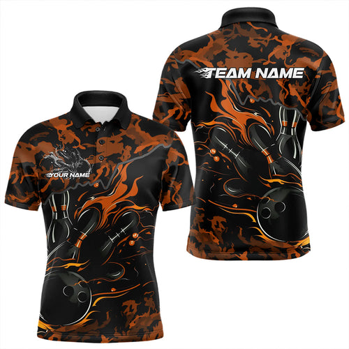 Custom Black And Orange Camo Flame Bowling Team Polo Shirts For Men, Bowling Tournament Shirt IPHW8624