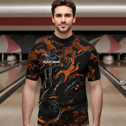 Custom Black And Orange Camo Flame Bowling Team Quarter-Zip Shirts For Men, Bowling Tournament Shirt IPHW8624