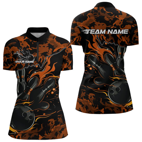 Custom Black And Orange Camo Flame Bowling Womens Quarter-Zip Shirt, Bowling Tournament IPHW8624