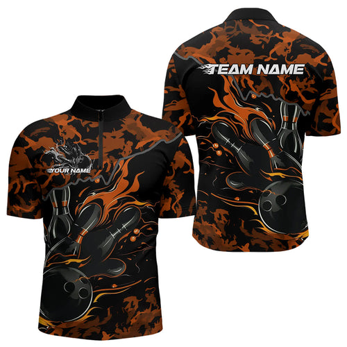 Custom Black And Orange Camo Flame Bowling Team Quarter-Zip Shirts For Men, Bowling Tournament Shirt IPHW8624