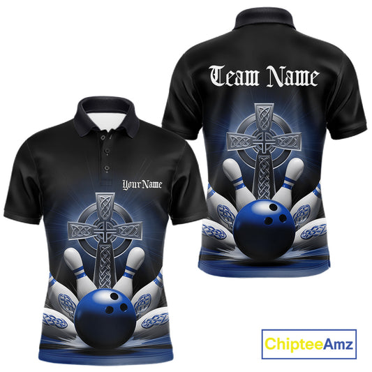 Mens polo shirt mockup front and back, black shirt featuring blue Celtic cross and bowling ball exploding into pins design