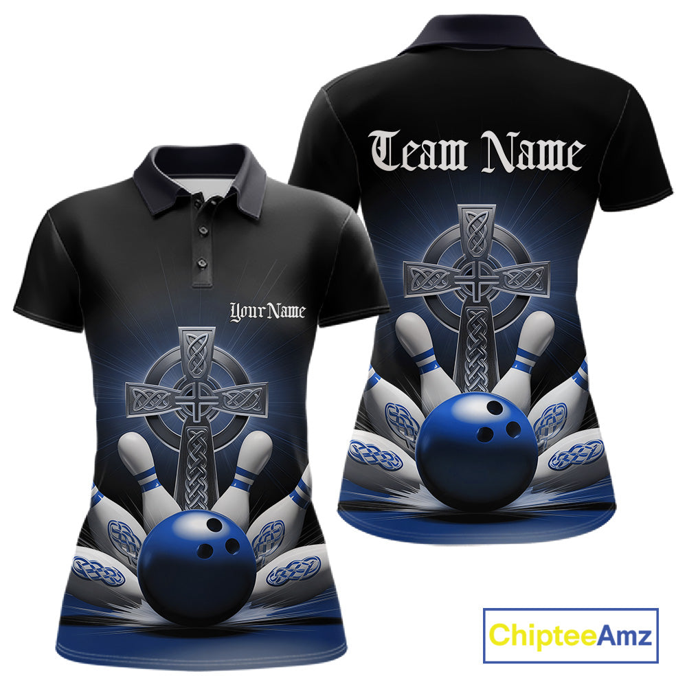 Womens polo shirt mockup front and back, black shirt featuring blue Celtic cross and explosive bowling ball striking pins design