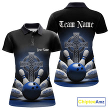 Load image into Gallery viewer, Custom Blue Celtic Cross Faith Bowling Polo Team Shirts For Women, Bowlers Outfits IPHW11305