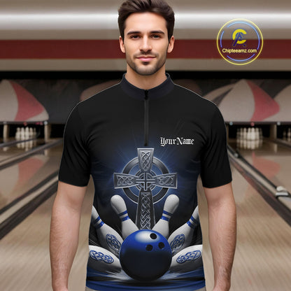 Male model front view in bowling lane wearing black quarter zip shirt featuring blue Celtic cross and dynamic bowling strike artwork
