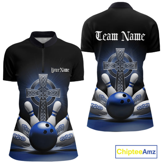 Womens quarter zip bowling shirt mockup front and back, black shirt featuring blue Celtic cross and bowling ball exploding into pins artwork