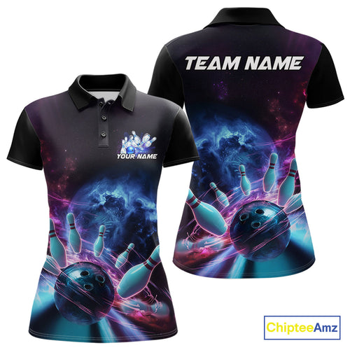 Custom Galaxy Bowling Women Polo Shirts, Holographic Bowling Jersey Bowling League Shirt IPHW9499