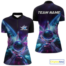 Load image into Gallery viewer, Custom Galaxy Bowling Women Quarter-Zip Shirts, Holographic Bowling League Shirt IPHW9501