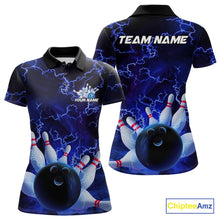 Load image into Gallery viewer, Custom Electric Blue Thunder Lightning Women Bowling Polo Team Shirts, Bowling Jerseys IPHW9504