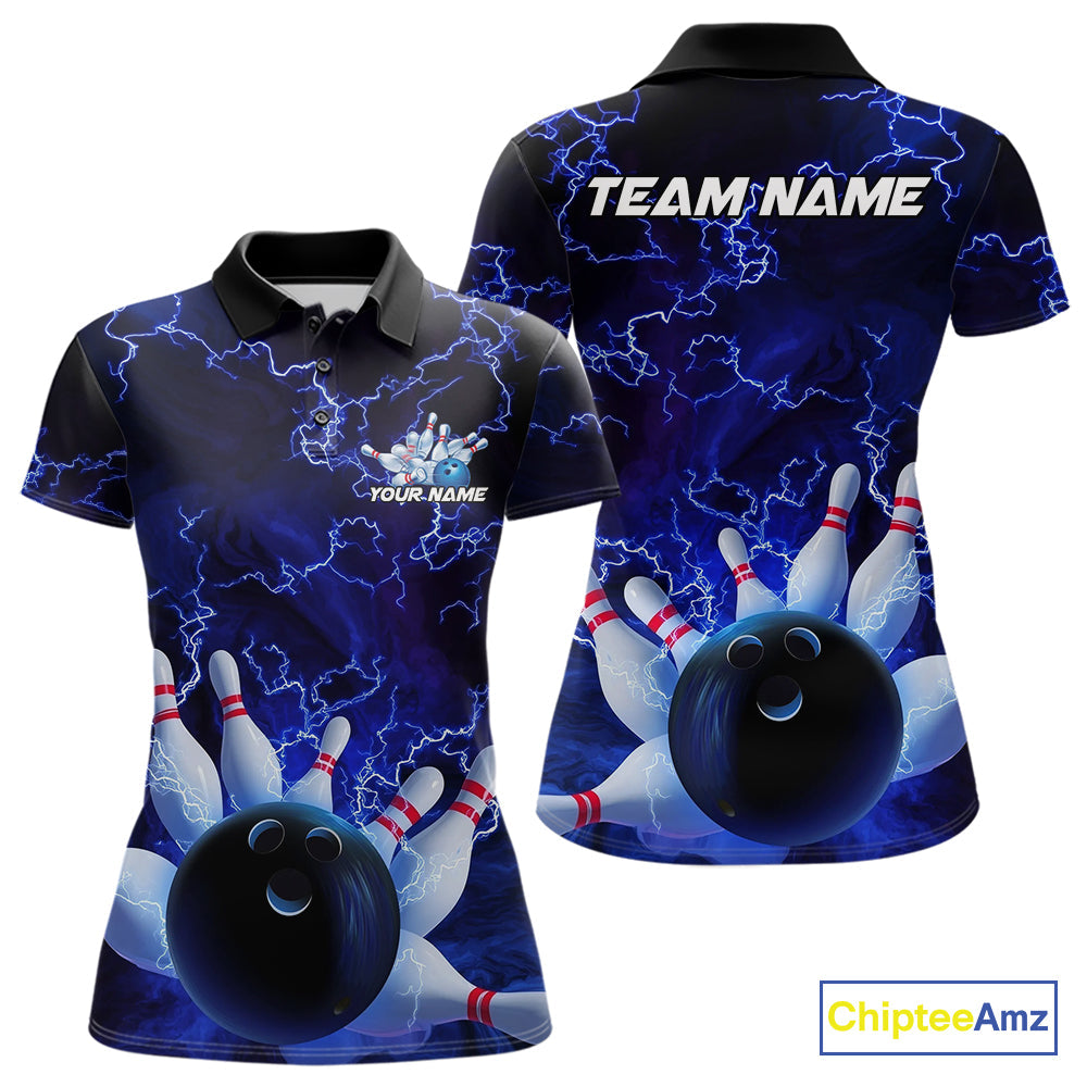 Custom Electric Blue Thunder Lightning Women Bowling Polo Team Shirts, Bowling Jerseys IPHW9504