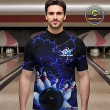 Load image into Gallery viewer, Custom Electric Blue Thunder Lightning Men Bowling Quarter-Zip Team Shirts, Bowling Jerseys IPHW9504