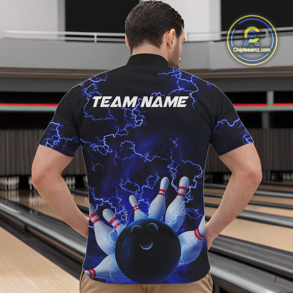 Custom Electric Blue Thunder Lightning Men Bowling Quarter-Zip Team Shirts, Bowling Jerseys IPHW9504