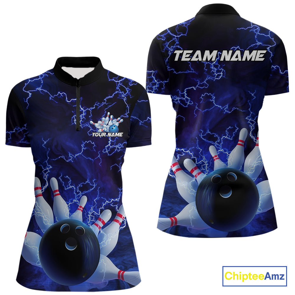 Custom Electric Blue Thunder Lightning Women Bowling Quarter-Zip Shirts, Bowling Jerseys IPHW9504