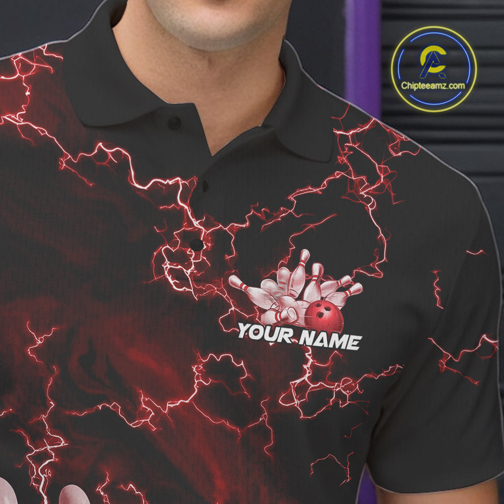 Custom Red Thunder Lightning Men Bowling Polo Team Shirts, Bowling Jerseys IPHW9505