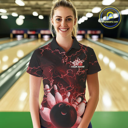 Custom Red Thunder Lightning Women Bowling Polo Team Shirts, Bowling Jerseys IPHW9505