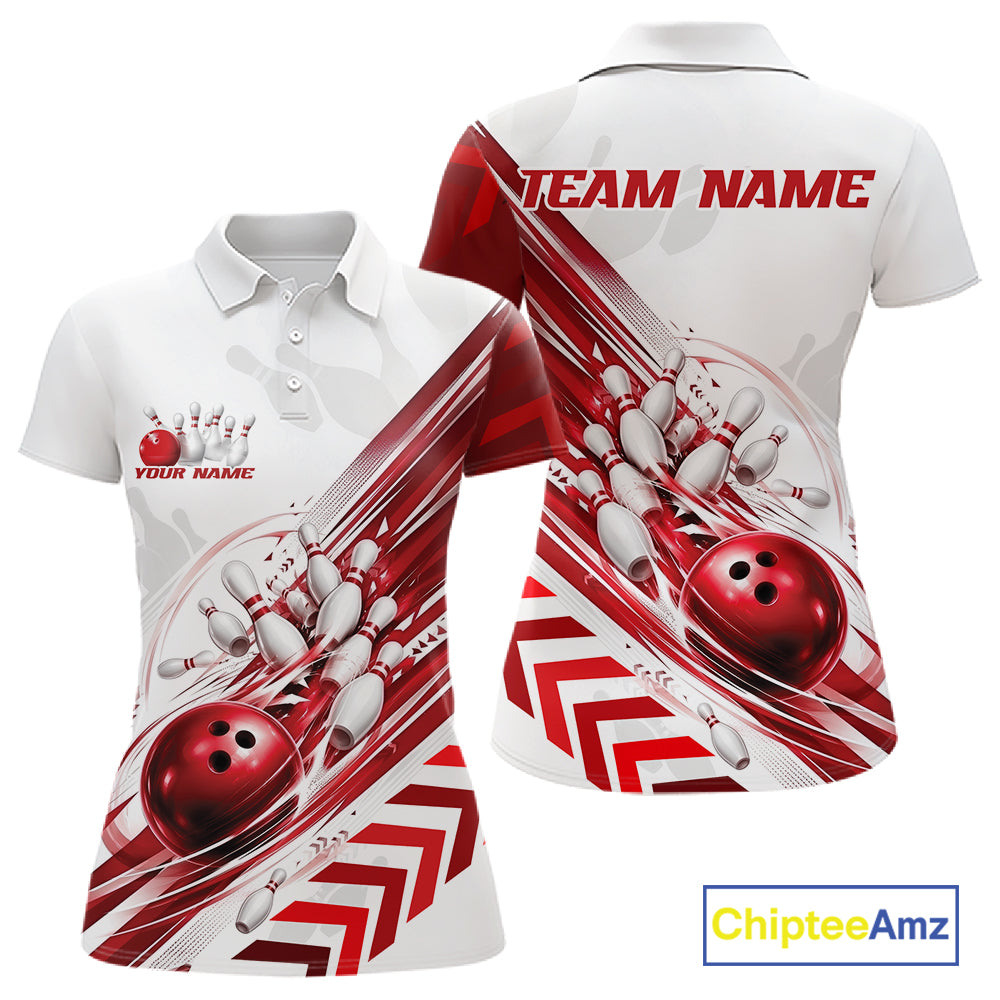 Custom White And Red Motion Speed Bowling Team Women Polo Shirt, Bowling Jerseys IPHW11646