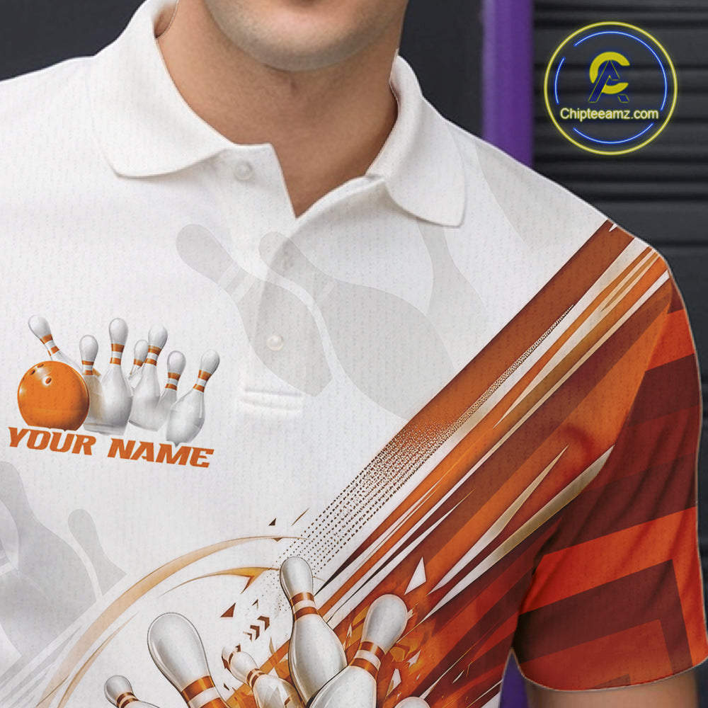 Custom White And Orange Motion Speed Bowling Team Men Polo Shirt, Bowling Jerseys IPHW11648