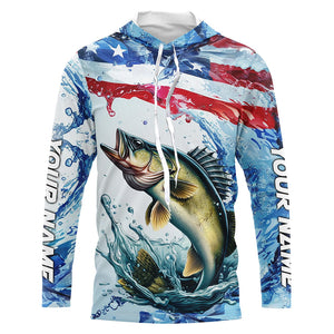 Personalized Patriotic Walleye Long Sleeve Fishing Shirts, American Flag Fishing Shirts IPHW7186