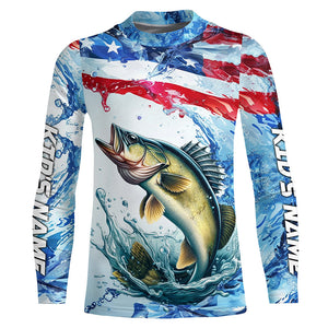 Personalized Patriotic Walleye Long Sleeve Fishing Shirts, American Flag Fishing Shirts IPHW7186