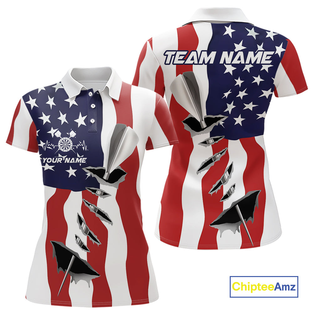 Custom Patriotic US Flag Silver Dart Steel Tip Dart Women Polo Shirt, Dart Team Jerseys IPHW9875