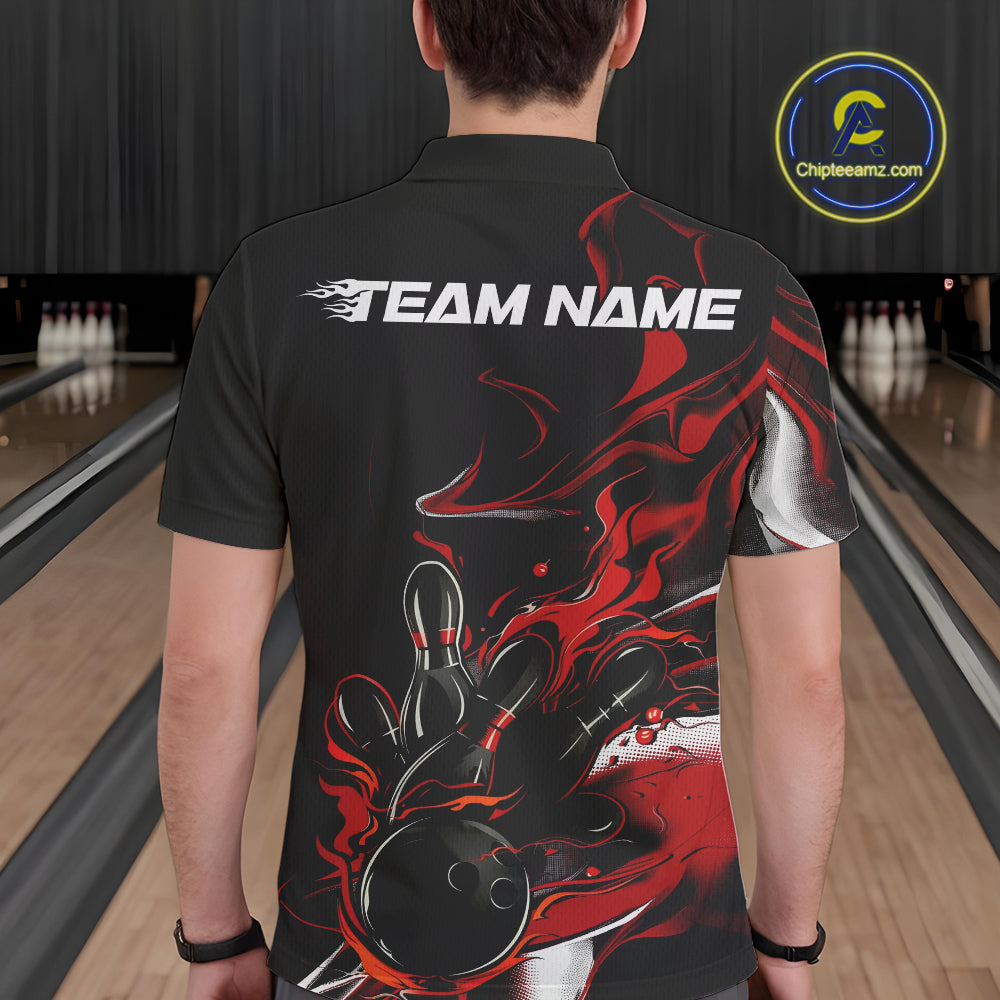 Custom Black And Red Camo Flame Bowling Team Polo Shirts For Men, Bowling Jerseys IPHW9877