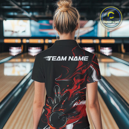 Custom Black And Red Camo Flame Bowling Team Polo Shirts For Women, Bowling Jerseys IPHW9877
